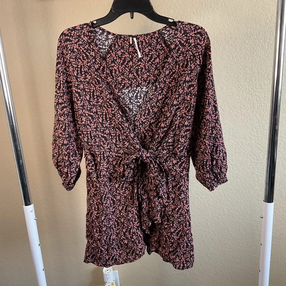 Free People Womens Clara Floral Tie-Waist‎ Tunic In Black Size Small